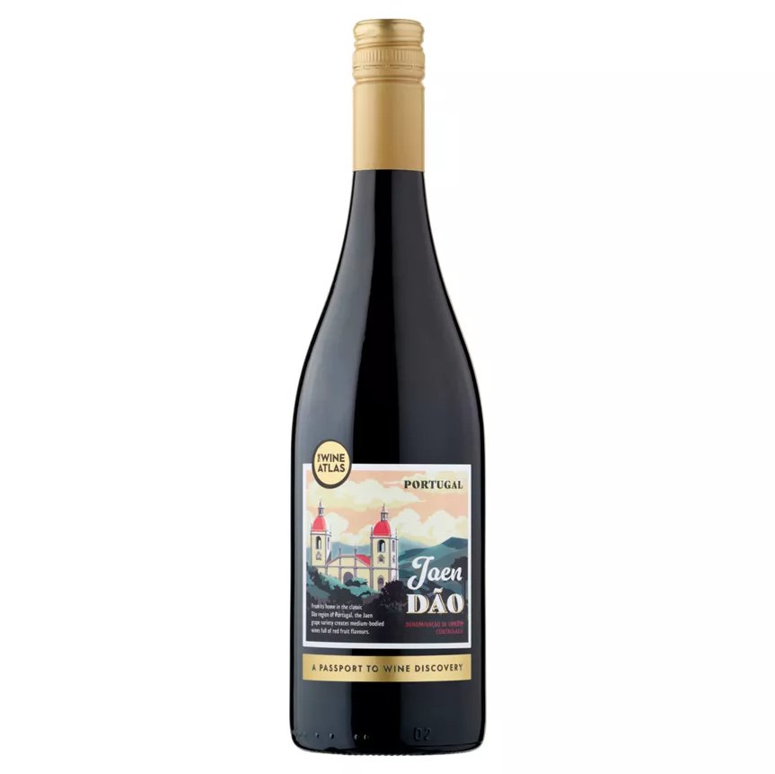 A bottle of red wine with a gold label.