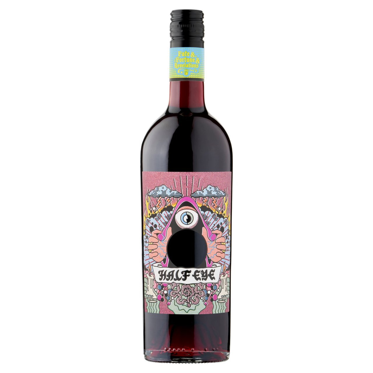 A bottle of red wine with a graffiti-style label.