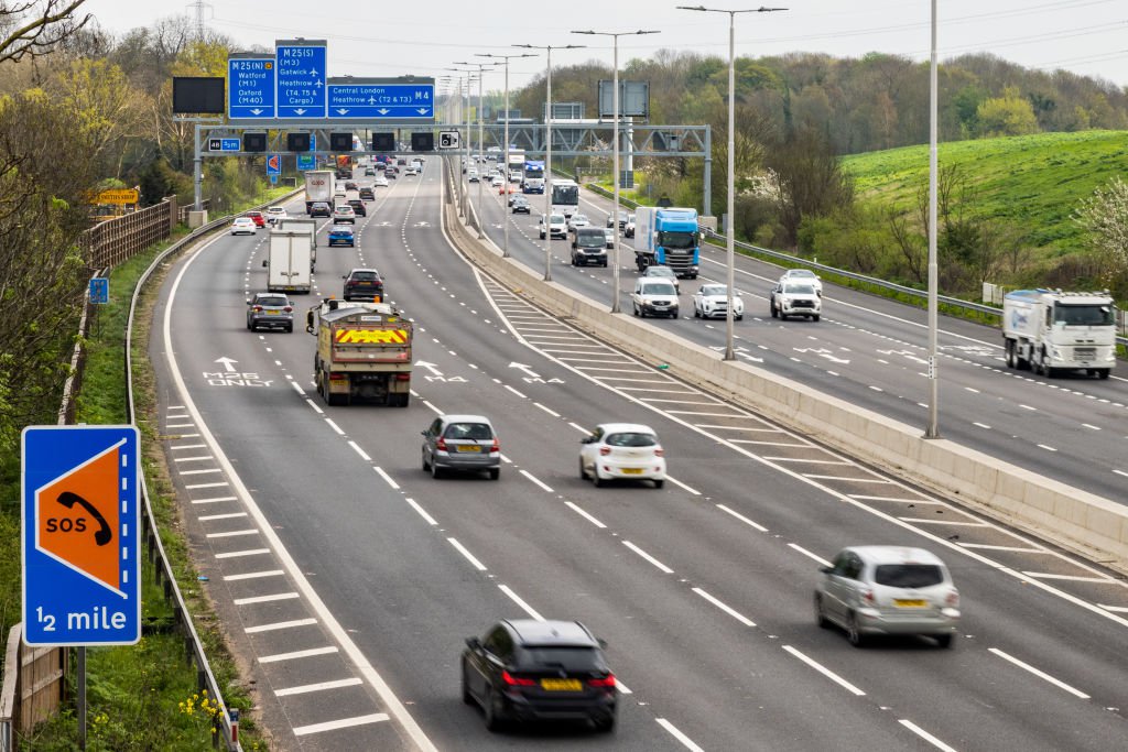 Vehicles pass along a recently completed section of the M4 smart motorway on 19 April 2023 in Slough, United Kingdom.