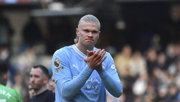 Manchester City's Erling Haaland applauds fans. Manchester City's Erling Haaland applauds fans.