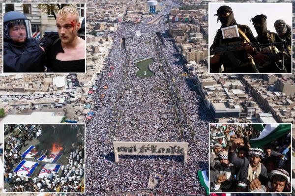 An overhead shot of a massive crowd of demonstrators in Baghdad surrounded by buildings on all sides.