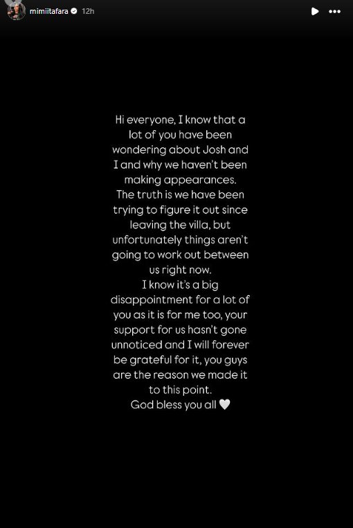 Mimi Ngulube's post on Instagram detailing her split from Josh.