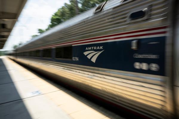 A file photo of a speeding Amtrak train.