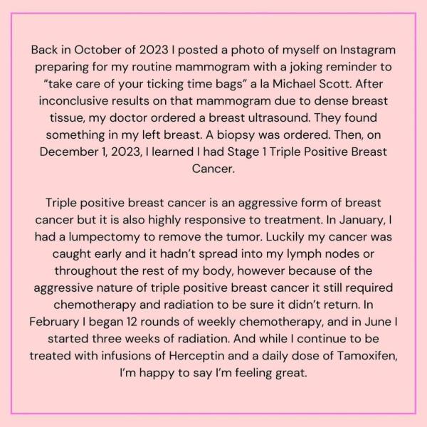 She learned she had "Stage 1 Triple Positive Breast Cancer" in Dec. 2023.