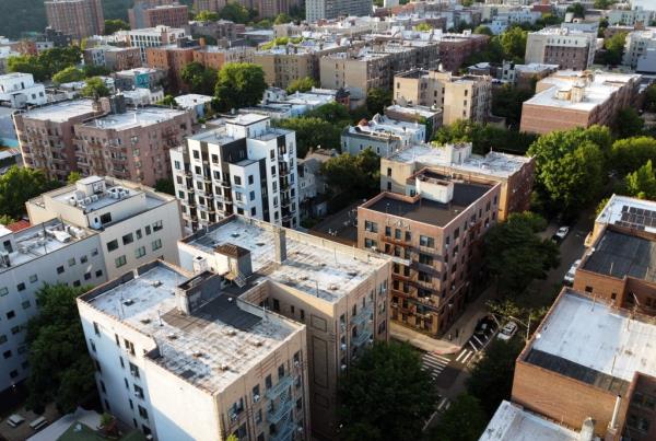 An aerial view of apartment building in the High Bridge section or South Bronx section of the Bronx, NY as seen on June 27, 2024.