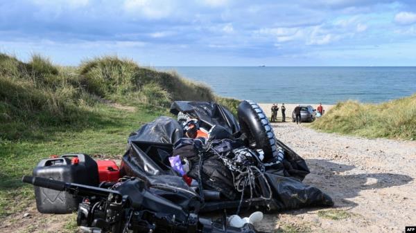 This photograph taken on Sept. 15, 2024 shows the damaged migrants' boat after a failed attempt to cross the English Channel that led to the death of eight people near the beach of Ambleteuse, northern France.