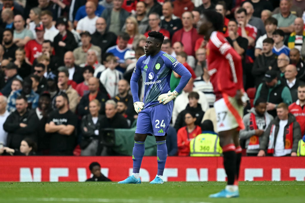 Andre onana reacts after conceding their second goal during the English Premier League football match between Manchester United and Liverpool