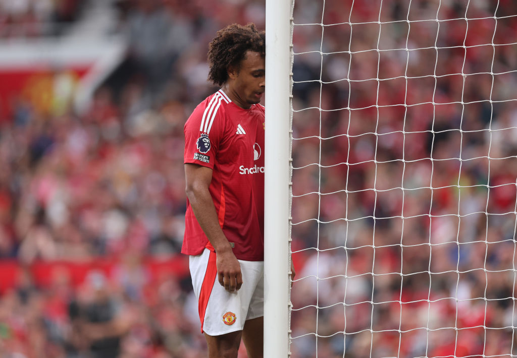 Joshua Zirkzee of Manchester United reacts after missing a chance during the Premier League match between Manchester United FC and Liverpool FC