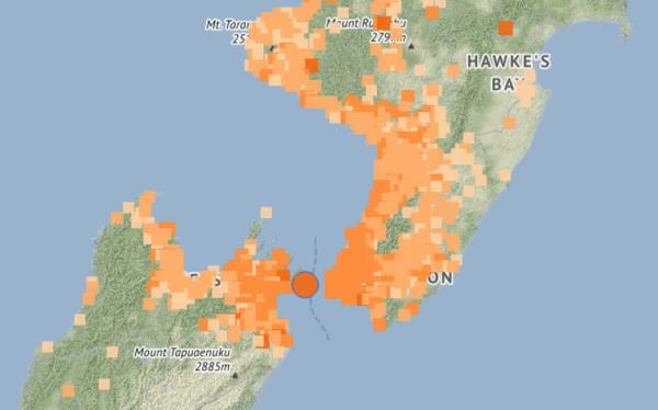 A map from Geonet shows felt reports around the epicentre of a magnitude 5.7 quake in the Cook Strait.