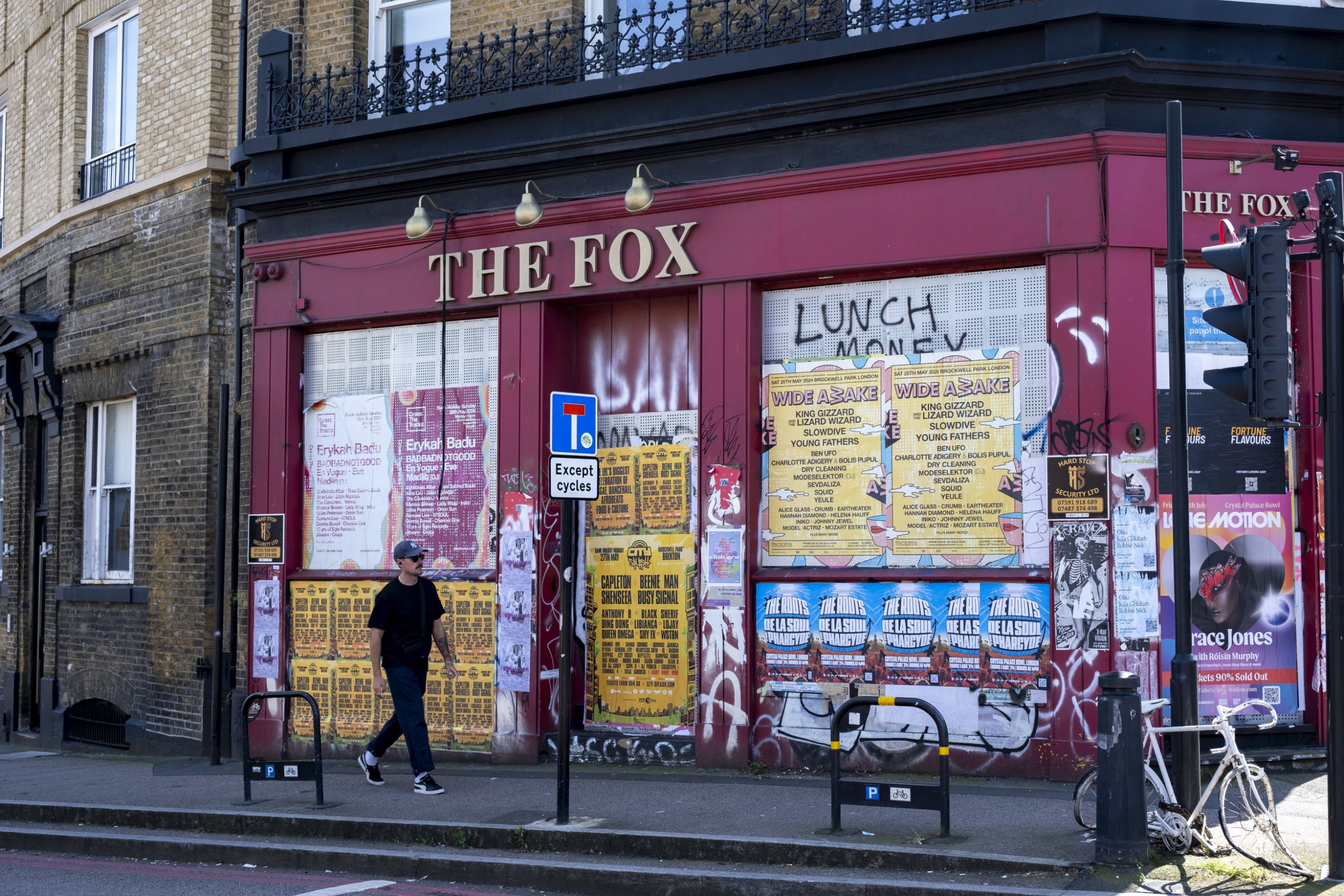 Club night poster covered closed down pub The Fox in Haggerston on 8th May 2024 in London, United Kingdom. Due to changing habits of drinkers, the economic downturn which was compounded during the coronavirus pandemic, many pubs have had to close.