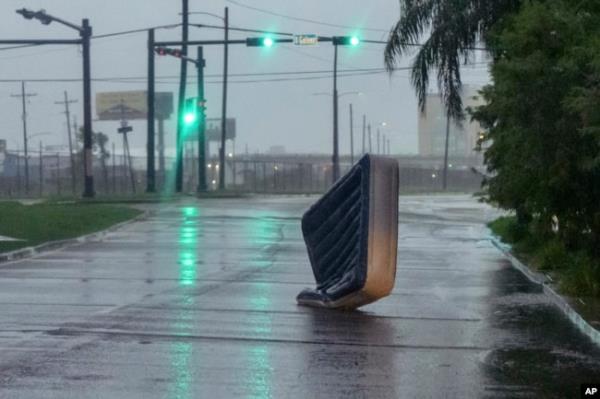 An air mattress blows in wind from Hurricane Francine in New Orleans, Louisiana, Sept. 11, 2024.