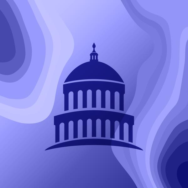 Graphic with silhouette of a statehouse against a purple background