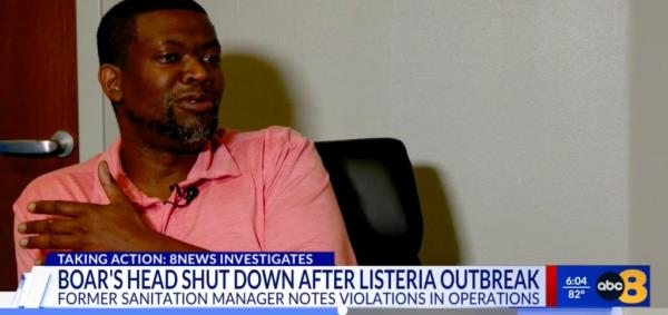 Terrence Boyce, former Boars Head sanitation manager, sitting in a chair while speaking about conditions in the listeria laden plant