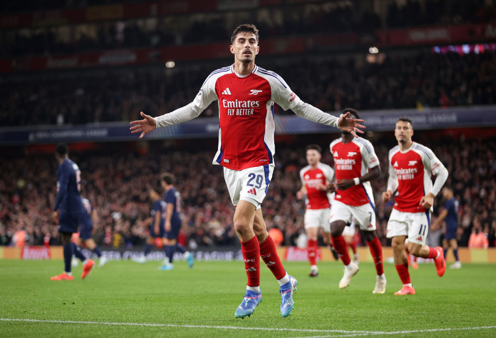 Kai Havertz of Arsenal celebrates scoring his team's first goal during the UEFA Champions League 2024/25 League Phase MD2 match between Arsenal FC and Paris Saint-Germain
