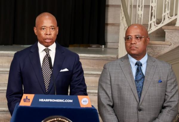 MANHATTAN - NY - 04/03/2023 - New York City Mayor Eric Adams speaks from the podium during press conference at City Hall flanked by NYPD Commissioner Keechant Sewell and Phillip Banks, Deputy Mayor of New York City for Public Safety regarding the City security preparations for possible disruption by Trump supporters during his arraignment tomorrow at Manhattan Criminal Court and where his hush-money case will be tried. (Luiz C. Ribeiro for NY Daily News)