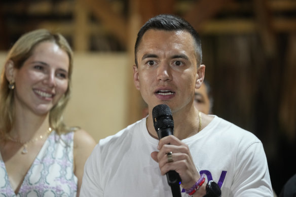 Daniel Noboa, 35 and a political novice, speaks in Olon, Ecuador.