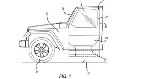 Images from a Jeep patent for running boards that fold out of the door