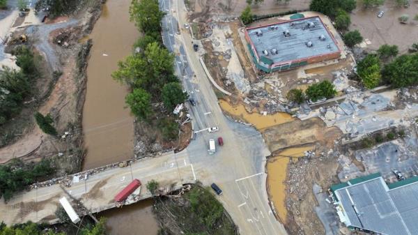 A drone view shows a damaged area, following the passing of Hurricane Helene, in Asheville, North Carolina, U.S., September 29, 2024. REUTERS/Marco Bello