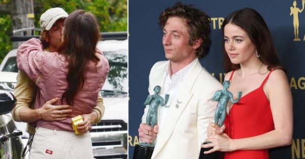 Jeremy Allen White embraces Molly Gordon in a hug beside a photo of the co-stars at the Emmys