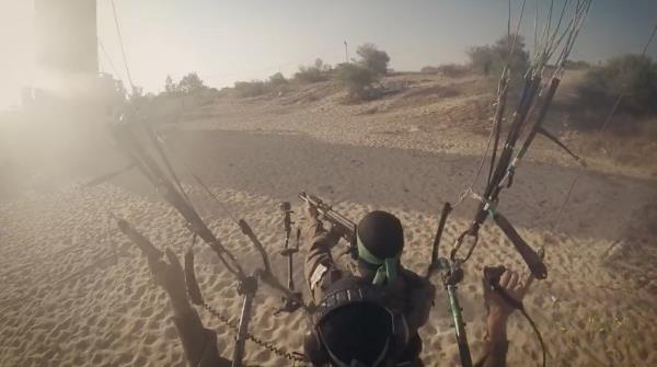 A propaganda video posted to Twitter reportedly shows Hamas terrorists using fan powered paragliders to invade Israel Oct. 7, 2023.
