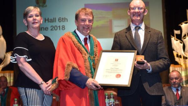 Lord mayor Cllr Tony Fitzgerald presenting his civic award to Derry O'Callaghan of 96FM with Cork City council chief executive Ann Doherty at the Lord Mayor's Civics Award in 2018. Picture: Eddie O'Hare