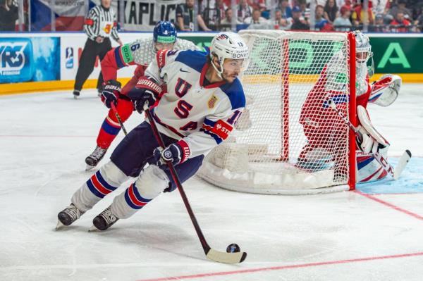 Johnny Gaudreau playing for the United States during the 2024 IIHF Ice Hockey World Championship Quarterfinal against Czechia on May 23, 2024.