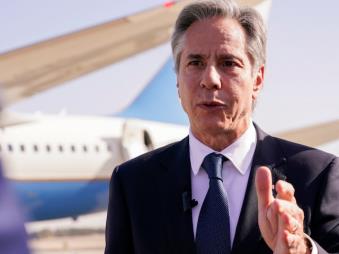 U.S. Secretary of State Antony Blinken speaks with members of the media at Ben Gurion International Airport before departing for Riyadh, Saudi Arabia, in Tel Aviv, Israel, October 23, 2024. (Reuters)
