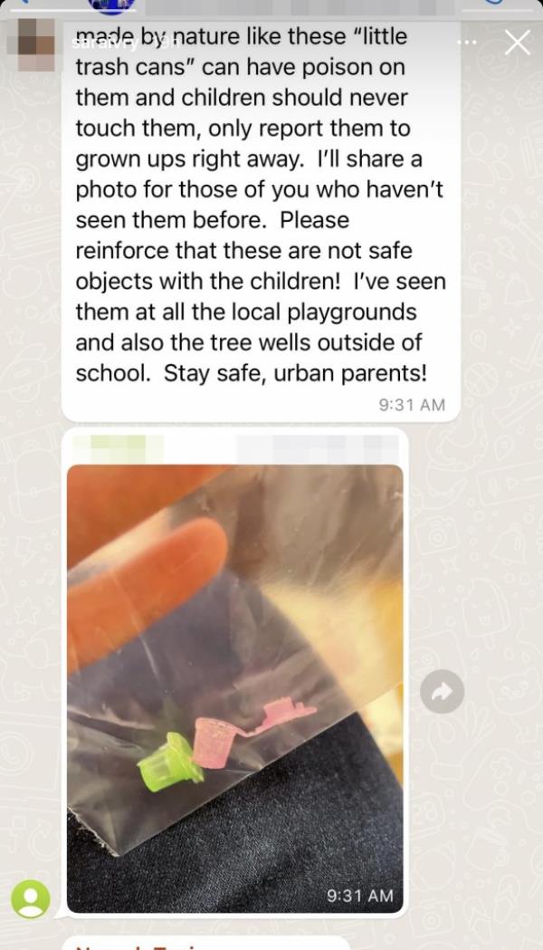 Screenshot of text on social media, plus a picture of fentanyl trash cans.