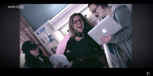 Writer Elisabeth Finch (right) is shown behind the scenes of "GREY'S ANATOMY" as seen in the trailer for the Peacock Docuseries "ANATOMY OF LIES."