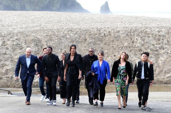 Tom Colicchio, Richard Blais, Kwame Onwuachi, Brooke Williamson, Padma Lakshmi, Gregory Gourdet, Naomi Pomeroy, Gail Simmons, Melissa King walking. 