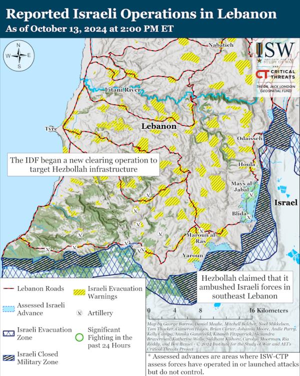 ISW map showing the state of Israel's ground offensive in soiuthern Lebanon, October 13 2024.