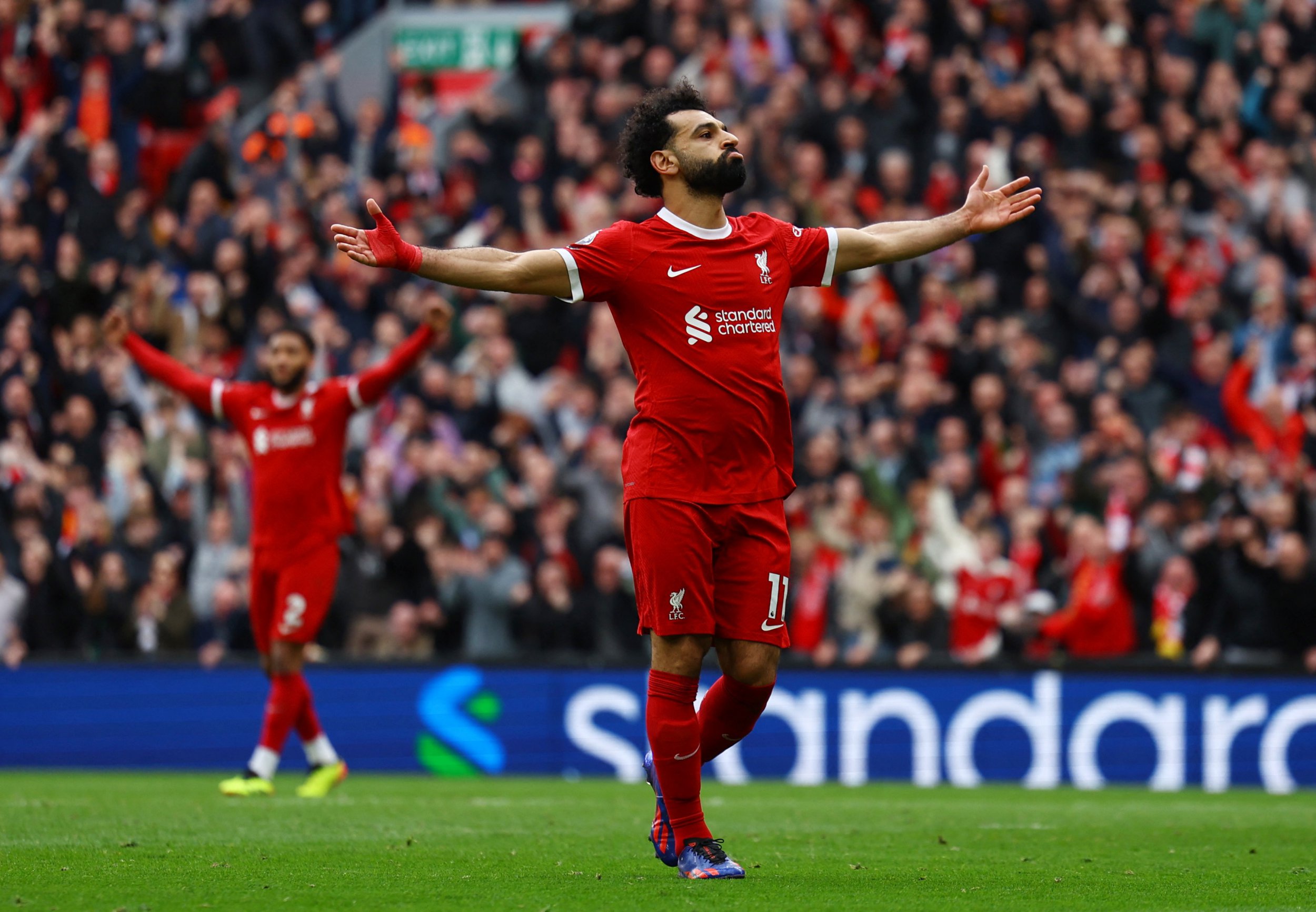 Soccer Football - Premier League - Liverpool v Brighton & Hove Albion - Anfield, Liverpool, Britain - March 31, 2024 Liverpool's Mohamed Salah celebrates scoring their second goal REUTERS/Molly Darlington NO USE WITH UNAUTHORIZED AUDIO, VIDEO, DATA, FIXTURE LISTS, CLUB/LEAGUE LOGOS OR 'LIVE' SERVICES. onLINE IN-MATCH USE LIMITED TO 45 IMAGES, NO VIDEO EMULATION. NO USE IN BETTING, GAMES OR SINGLE CLUB/LEAGUE/PLAYER PUBLICATIONS.