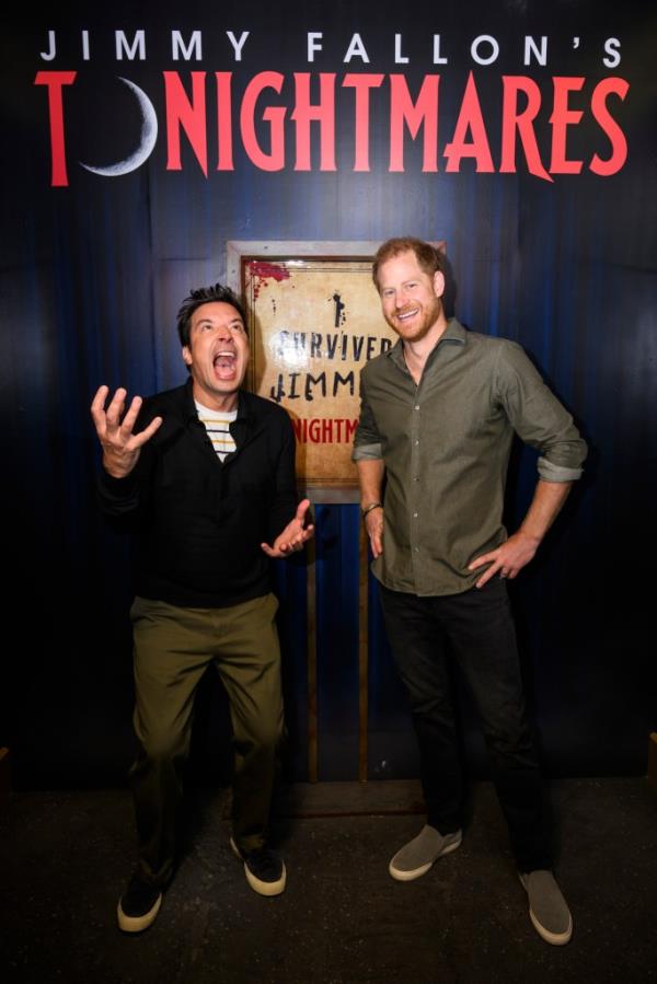 Host Jimmy Fallon and Prince Harry walking through 'Tonightmares' on The Tonight Show Starring Jimmy Fallon, Season 12, episode 2028