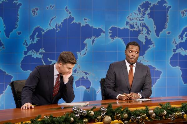Colin Jost and Michael Che during "Weekend Update" on "SNL."