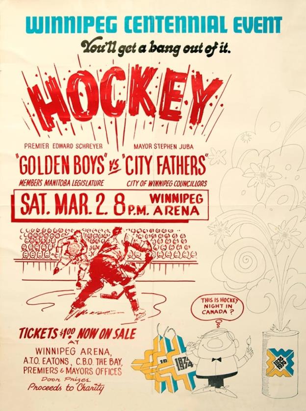 A poster announcing a hockey game to commemorate Winnipeg's Centennial anniversary in 1974.