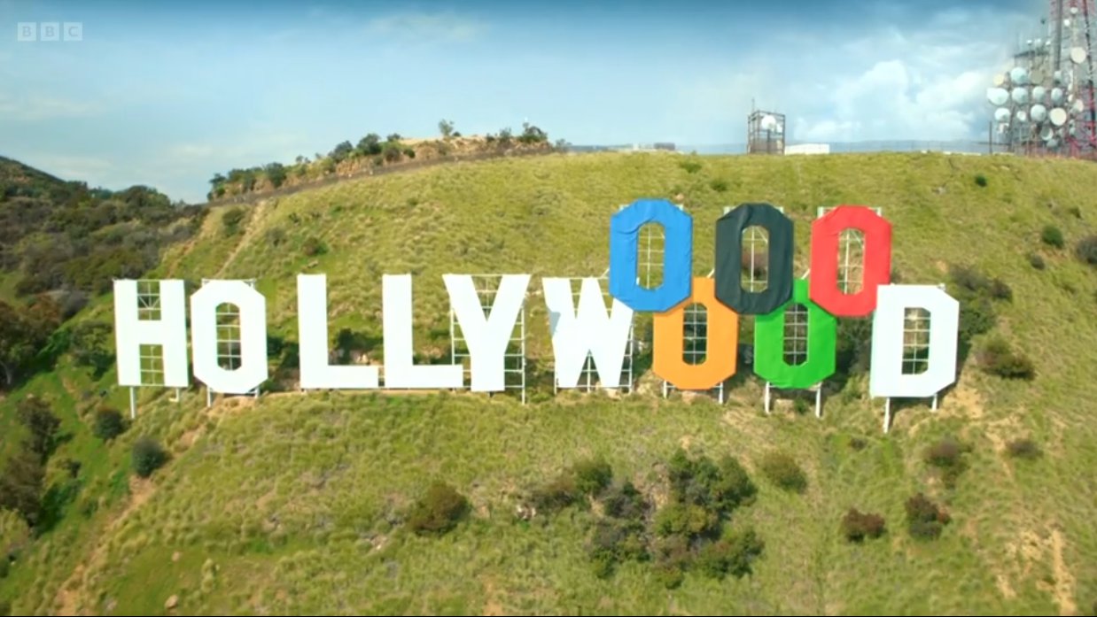 Hollywood sign transformed with Olympic rings