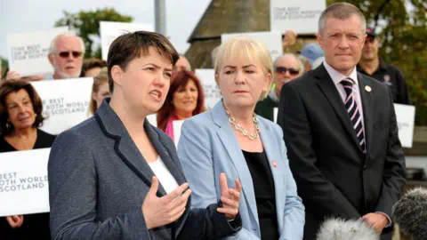 Getty Images Ruth Davidson, Johann Lamont and Willie Rennie campaigning together during the 2014 independence referendum