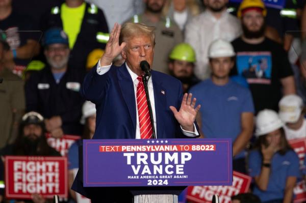Donald Trump speaks at a campaign rally at 1st Summit Arena at the Cambria County War Memorial, in Johnstown, Pa., Friday, Aug. 30, 2024.