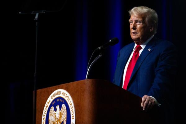 Former U.S. President Donald Trump speaking at the National Guard Association of the United States' 146th General Conference at Huntington Place Convention Center in Detroit, Michigan