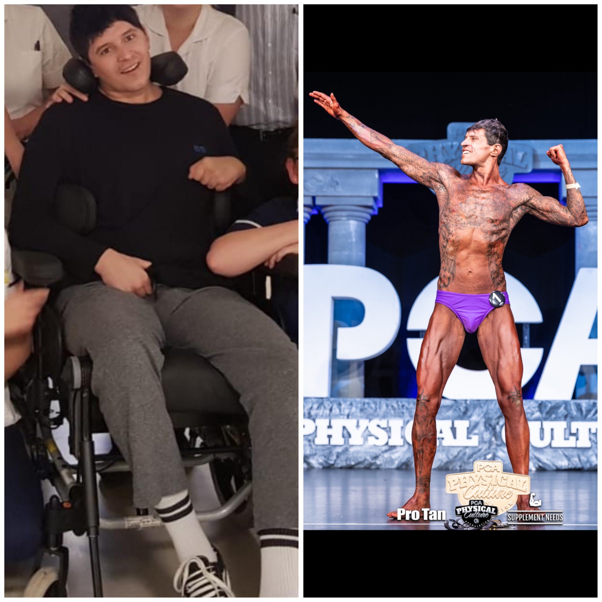 Marlon on the left in a wheelchair and on the right posing at a bodybuilding competition