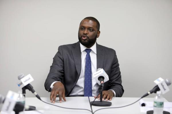 Mondaire Jones, candidate for the New York 17th Congressional District, answers questions from reporters