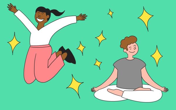 Stylised illustration of a person jumping for joy and another person meditating