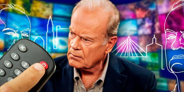 A composite image of Frasier looking disturbed in front of a TV screen backdrop with a hand holding a remote