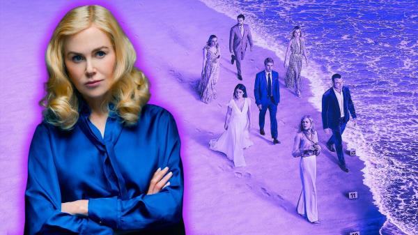 An edited image of Nicole Kidman and The Perfect Couple cast walking along the beach