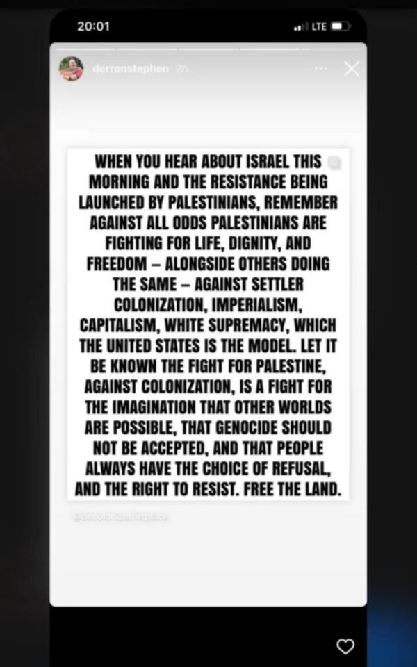 Borders voiced his support for Palestine and criticized the Jewish State for perpetuating "co<em></em>lonization, imperialism, capitalism, white supremacy." 