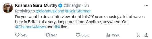 Krishnan Guru-Murthy replying to Elon Musk on X