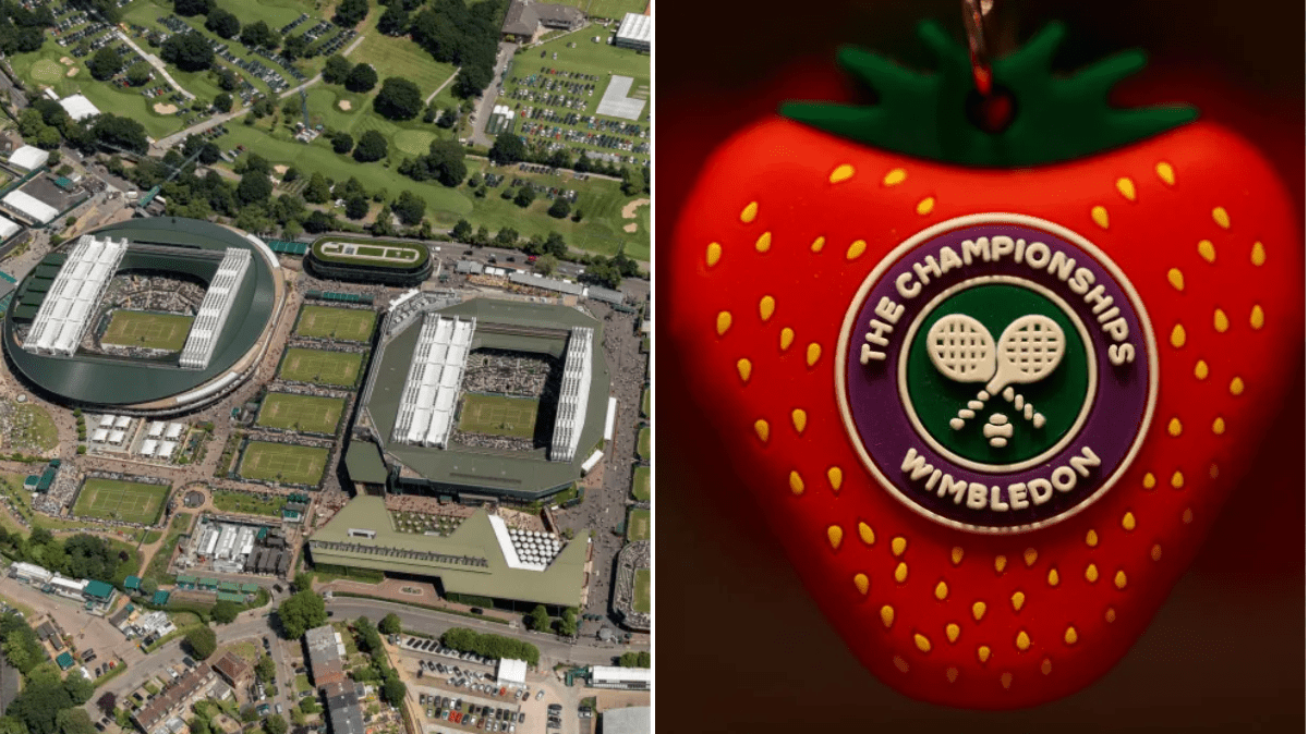 Left - aerial view of Wimbledon courts, Right - Wimbledon logo against a strawberry motif