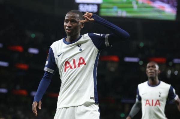  Pape Matar Sarr of Tottenham Hotspur celebrates after scoring a goal to make it 2-0 during the UEFA Europa League 2024/25 League Phase MD1 match between Tottenham Hotspur and Qarabag FK