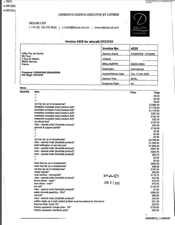 A redacted invoice for ground service costs for one leg of the Governor-General's week-long Middle East trip to Expo 2020 in Dubai earlier this year. Unit costs and quantities were redacted prior to its release.