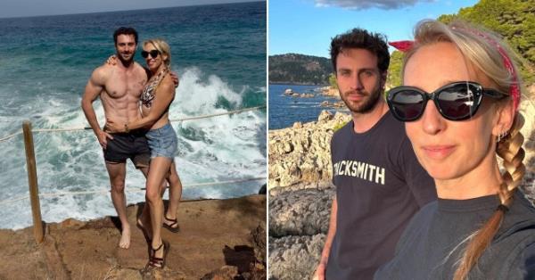 Left picture: Shirtless Aaron Taylor-Johnson puts are around wife Sam Taylor-Johnson in front of ocean. Right picture: Aaron Taylor Johnson and wife Sam Taylor-Johnson on holiday together. They smile at camera with ocean and mountains as backdrop.